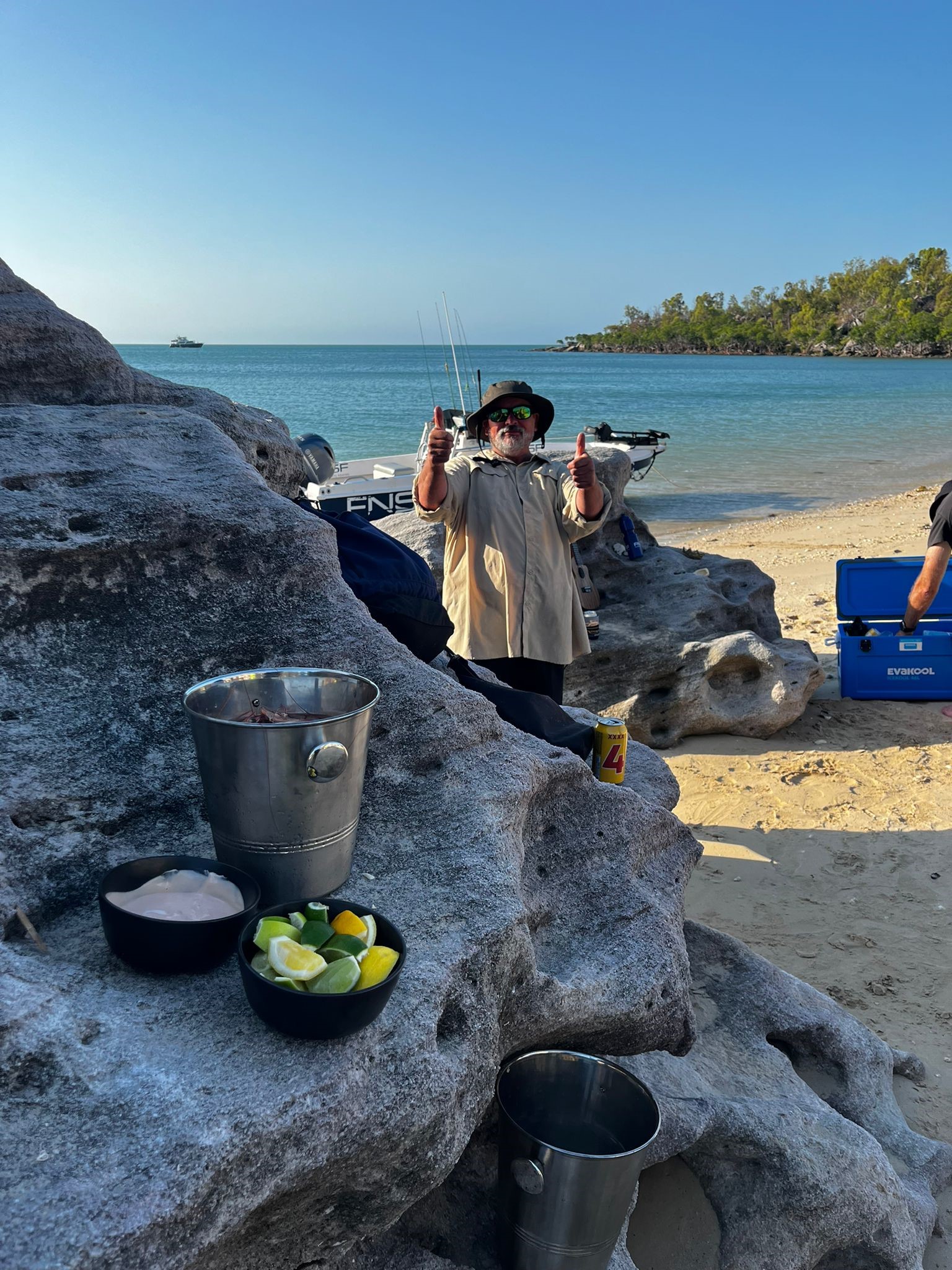 Fresh prawns and drinks at remote Forbes Island, Great Barrier Reef